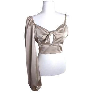 NEW NASTY GAL Don't Even Tie Satin Crop Blouse One Sleeve Shoulder Top Size 14